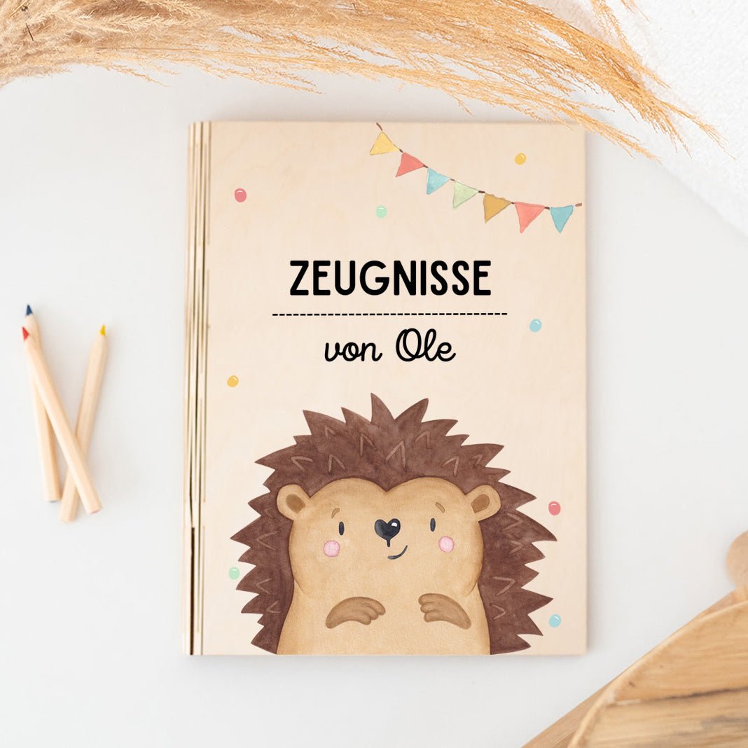 Zeugnismappe Holz personalisiert - Tier Girlande Aquarell - wunderwunsch