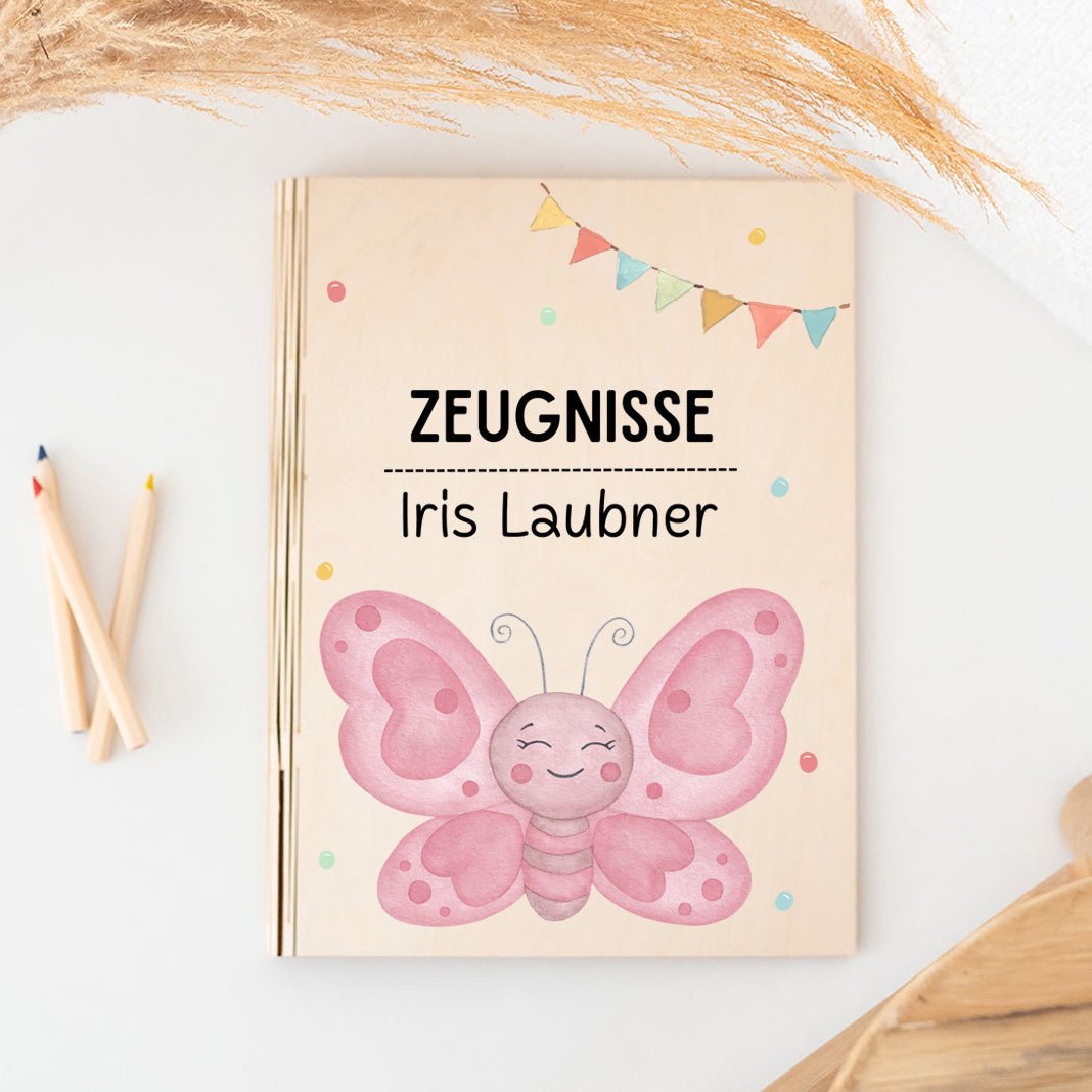 Zeugnismappe Holz personalisiert - Tier Girlande Aquarell - wunderwunsch