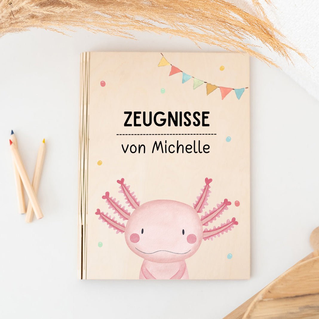 Zeugnismappe Holz personalisiert - Tier Girlande Aquarell - wunderwunsch