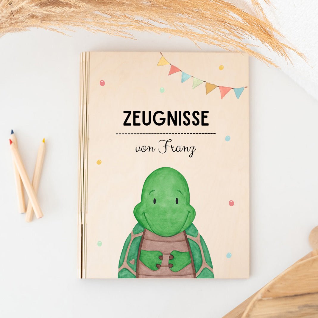Zeugnismappe Holz personalisiert - Tier Girlande Aquarell - wunderwunsch
