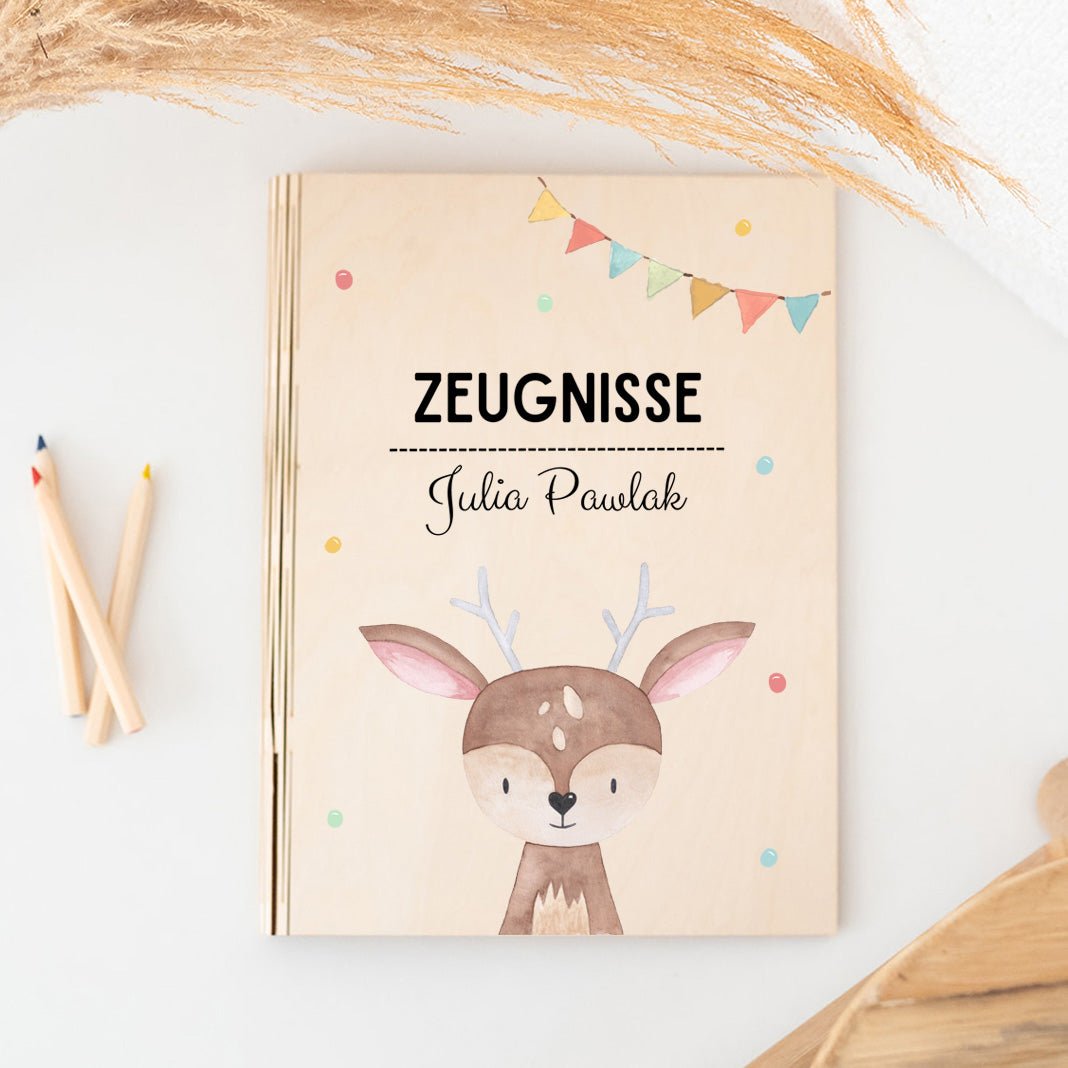 Zeugnismappe Holz personalisiert - Tier Girlande Aquarell - wunderwunsch