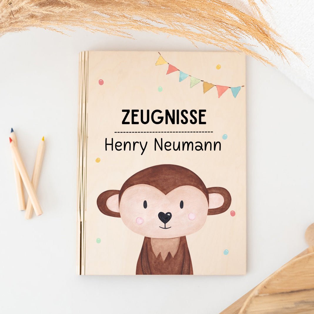 Zeugnismappe Holz personalisiert - Tier Girlande Aquarell - wunderwunsch