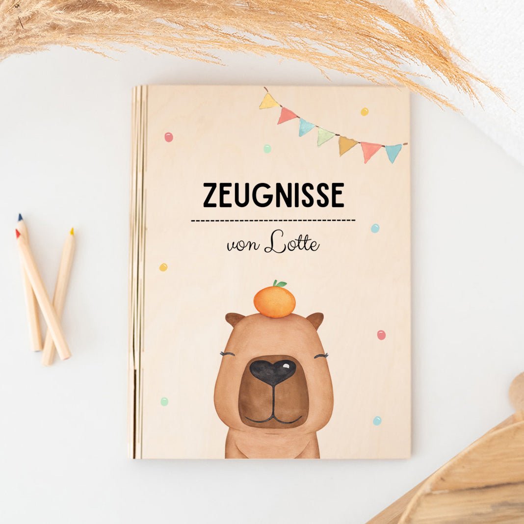 Zeugnismappe Holz personalisiert - Tier Girlande Aquarell - wunderwunsch