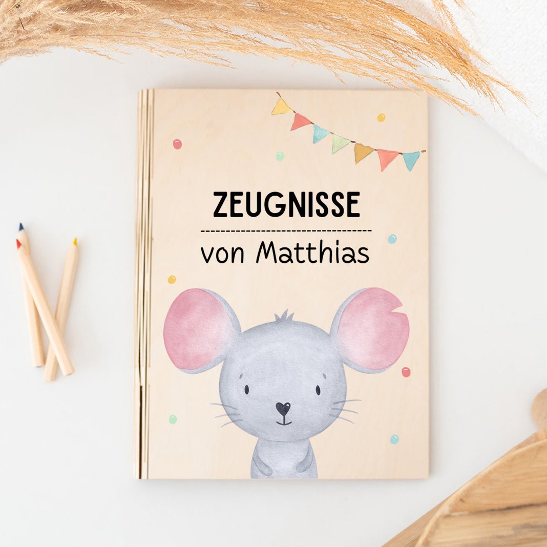 Zeugnismappe Holz personalisiert - Tier Girlande Aquarell - wunderwunsch