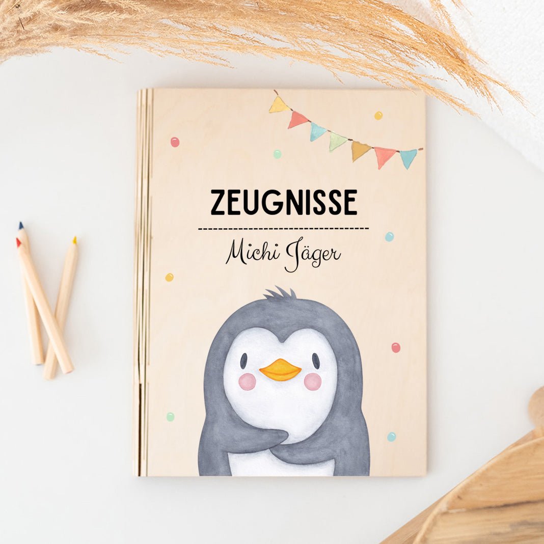 Zeugnismappe Holz personalisiert - Tier Girlande Aquarell - wunderwunsch