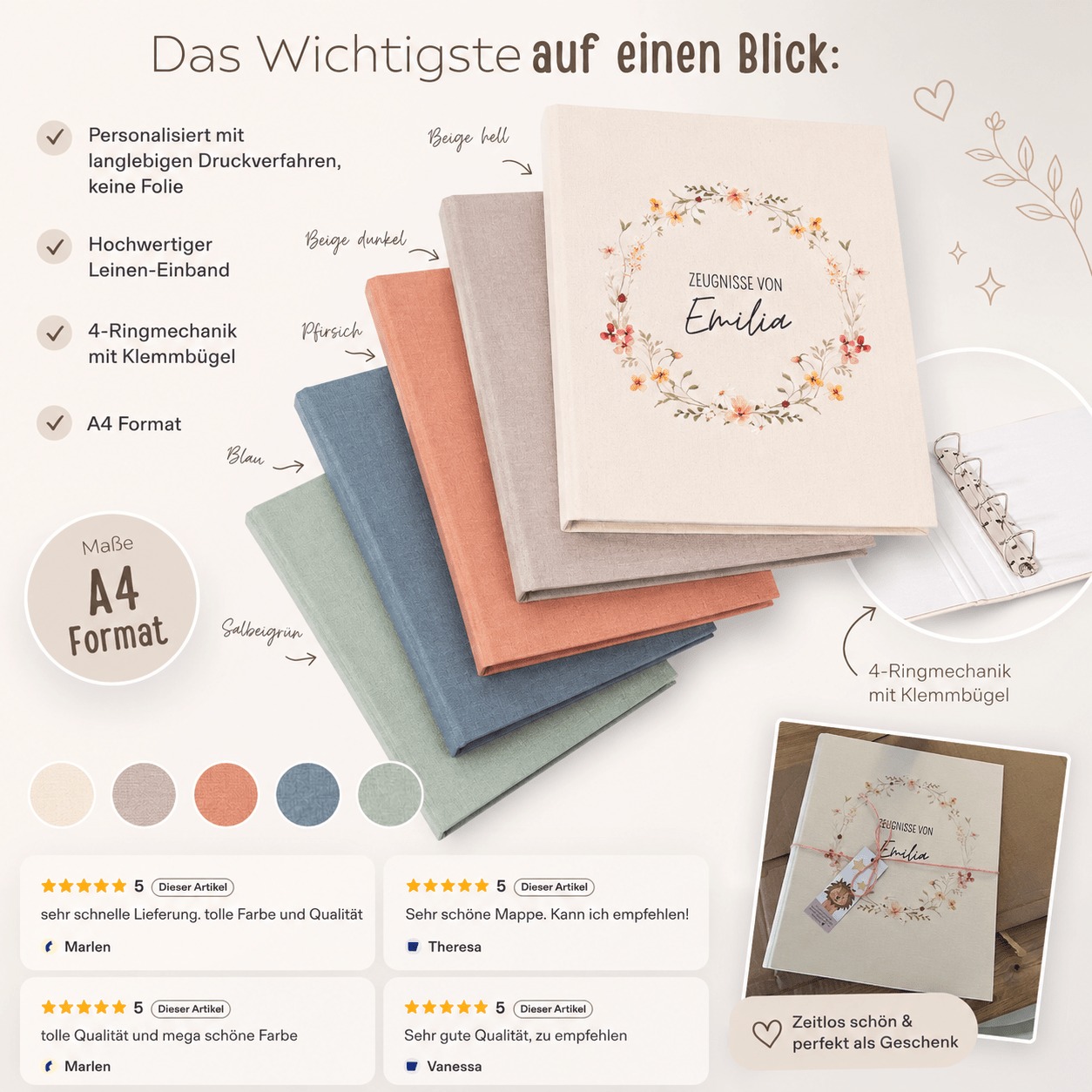 Zeugnismappe Stoff personalisiert - Blumenkranz Aquarell - wunderwunsch