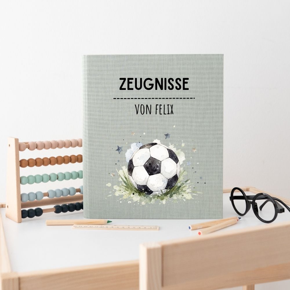 Zeugnismappe Stoff personalisiert - Fußball Aquarell - wunderwunsch