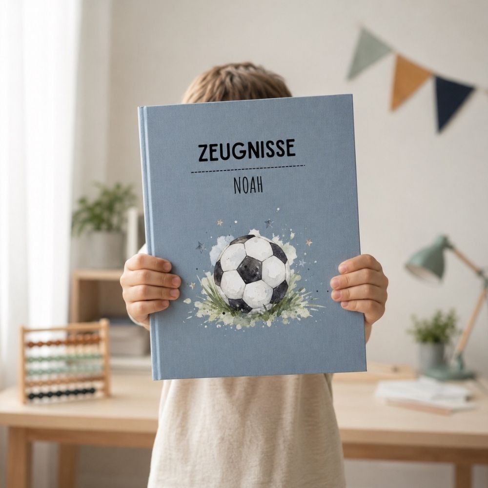 Zeugnismappe Stoff personalisiert - Fußball Aquarell - wunderwunsch