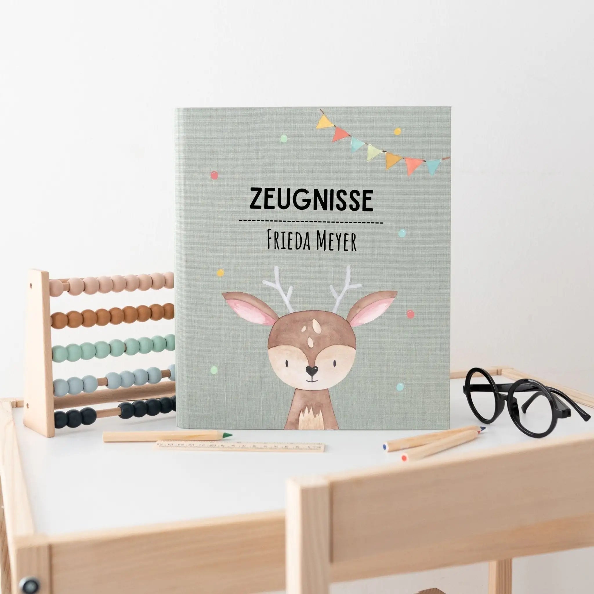 Zeugnismappe Stoff personalisiert - Tier Girlande Aquarell - wunderwunsch