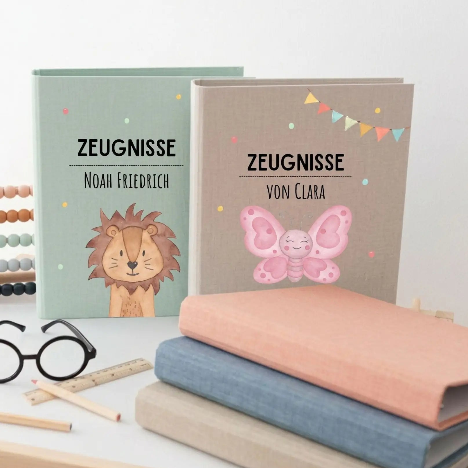 Zeugnismappe Stoff personalisiert - Tier Girlande Aquarell - wunderwunsch