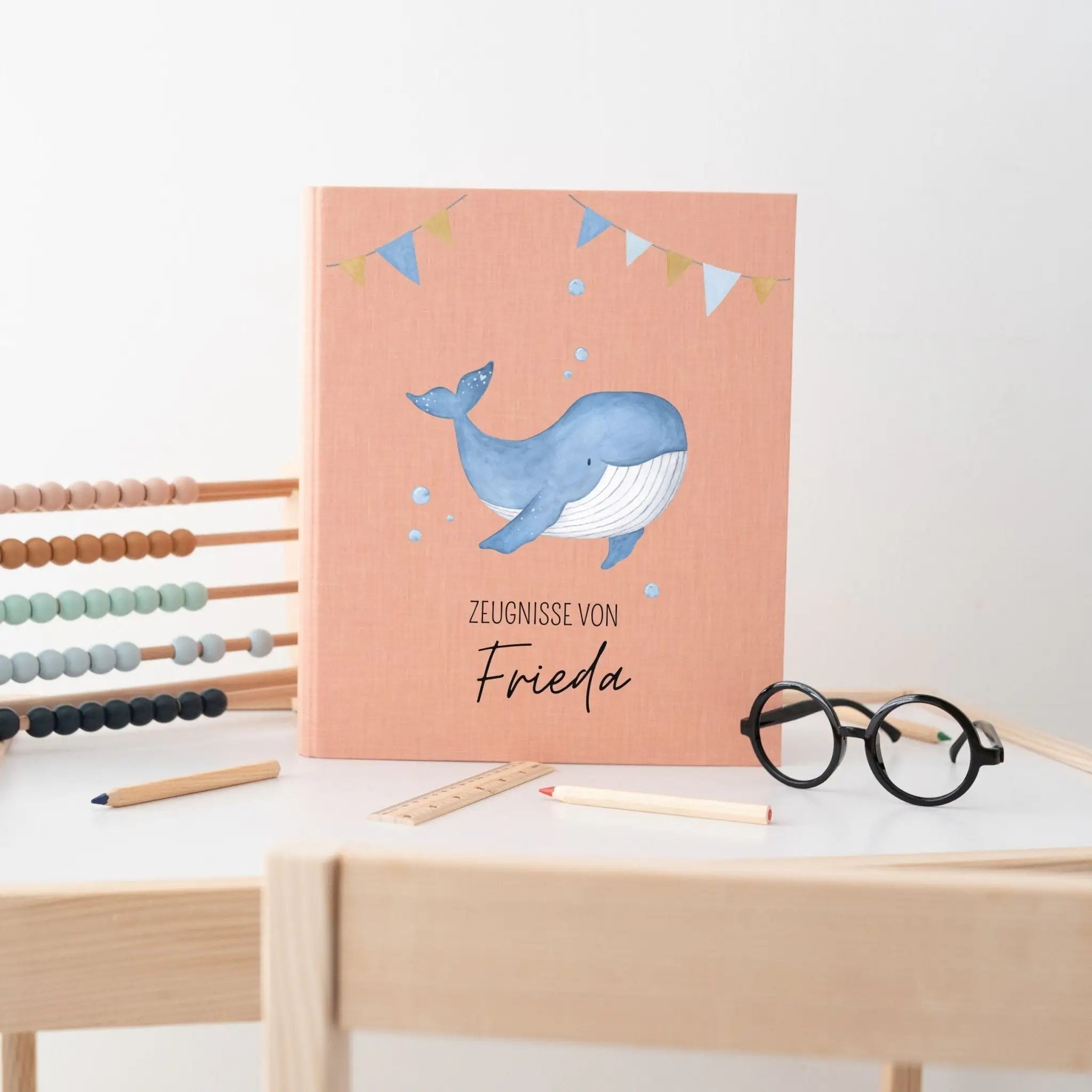 Zeugnismappe Stoff personalisiert - Wal Girlande Aquarell - wunderwunsch